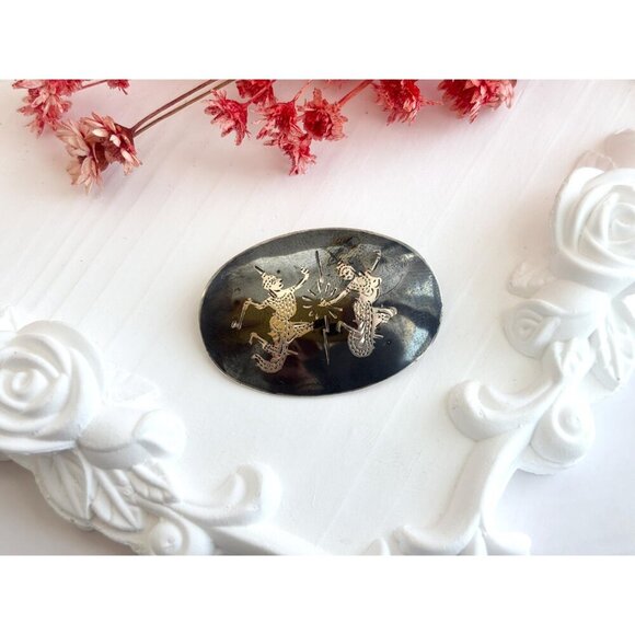 Ramasoon & Mekkala Siam Sterling Silver Vintage Thai Made Nielloware Brooch - Picture 5 of 10